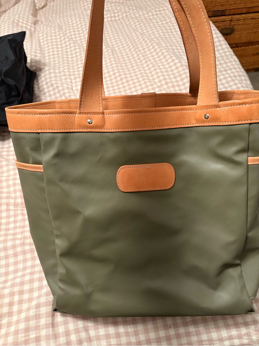 Jon Hart Olive Green Tote with Tan Trim
